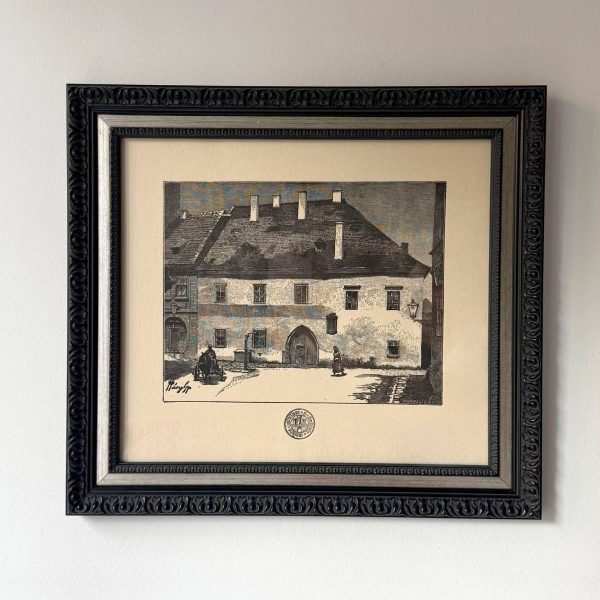 Casa Matia gravura pe hartie manuala, suvenir de Cluj de la Cabinetul de curiozitati